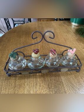 Glass Spice or herb Jar Set with Decorative Cork Toppers and Metal Carrier